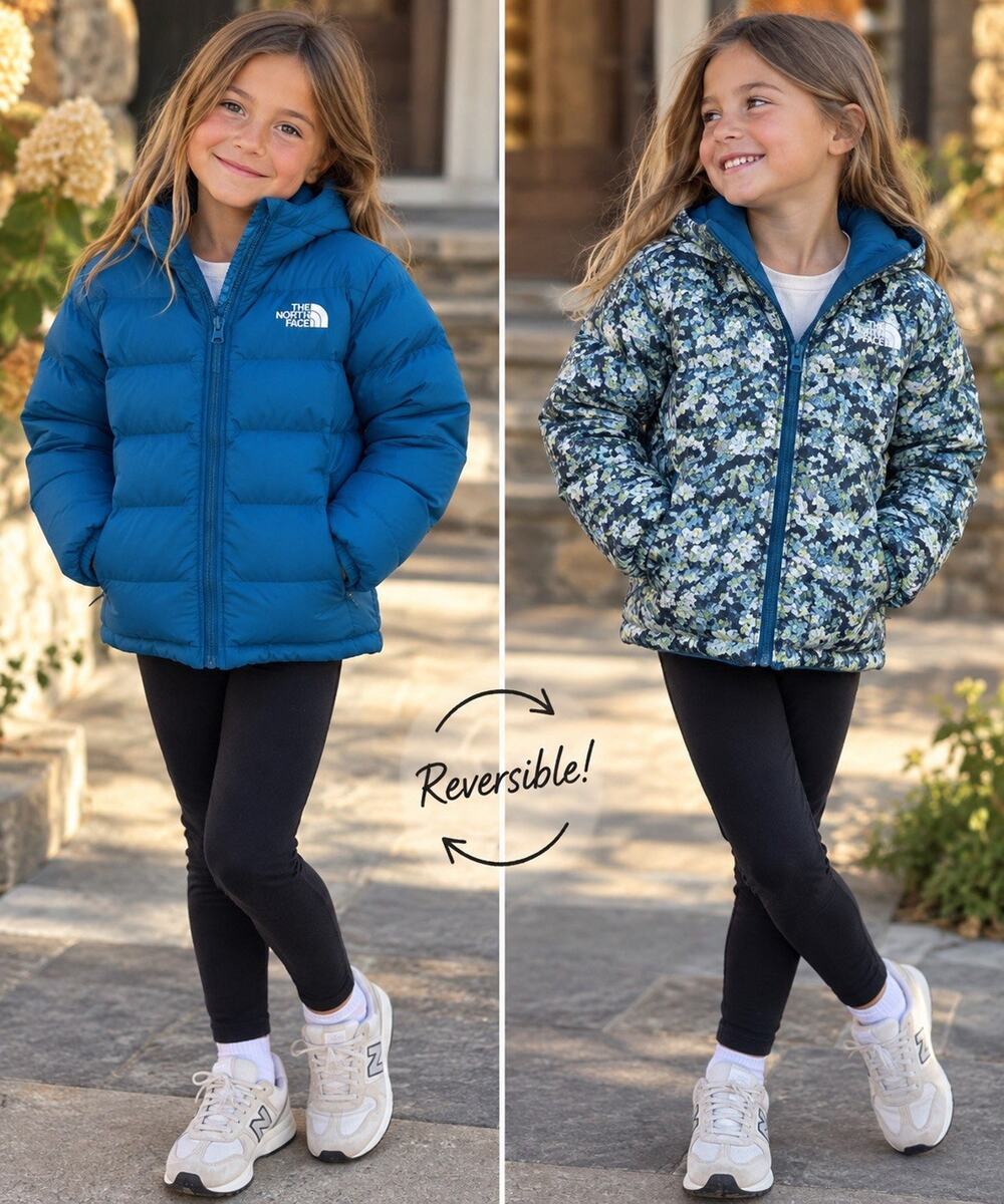 The North Face Reversible Down Puffer Jacket Teal Blue Kidcore Girls Sz S 7-8
